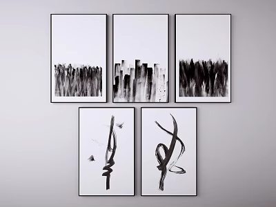 Black And White Abstract Wall Paintings With City Skyline And Bird Elements 3d model