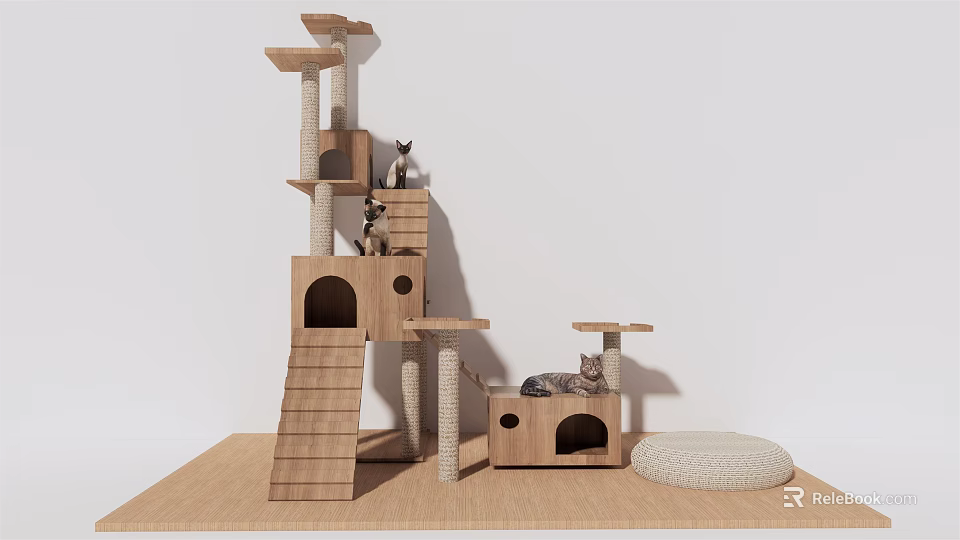 Wooden Cat Tree Pet Furniture With Multiple Platforms Condo And Climbing Resting Areas 3d model 