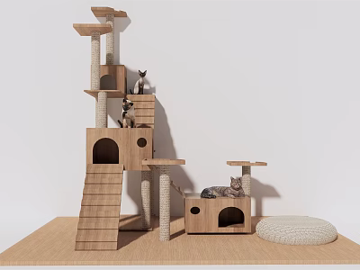 Wooden Cat Tree Pet Furniture With Multiple Platforms Condo And Climbing Resting Areas 3d model