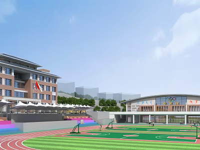 Green Turf Football Field With Running Track And School Buildings In Sunny Day 3d model