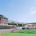 Green Turf Football Field With Running Track And School Buildings In Sunny Day