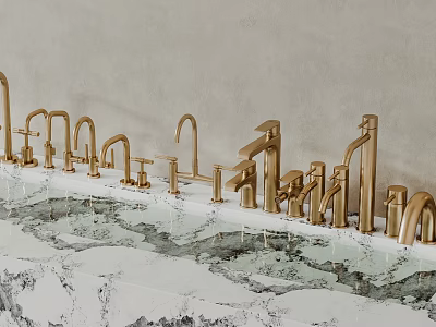 Elegant Golden Faucets With Various Designs Arranged On Smooth Marble Countertop 3d model