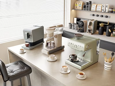 Modern Kitchen Counter With Various Coffee Machines Drip Makers And Coffee Cups 3d model