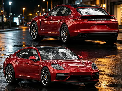 Red Luxury Car Front And Rear Views On Wet Night City Street 3d model