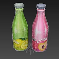 Fresh Fruit Juice Bottles Green Lemon and Pink Peach Flavored Drinks