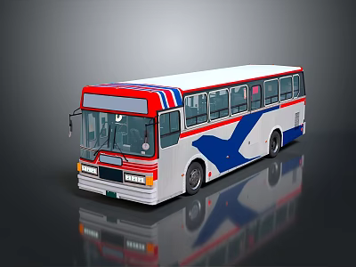 Modern City Bus With Red White Blue Exterior And Large Windows On Reflective Surface 3d model