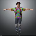 3D Animated Character Wearing Colorful Tie Dye Shirt Gray Pants Knee Pads Arms Outstretched