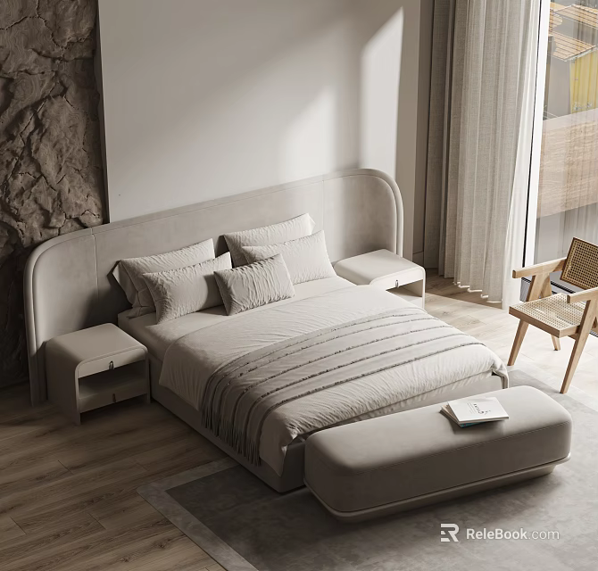 Modern Double Bed With Upholstered Headboard Nightstand And Bench In Neutral Tones 3d model 