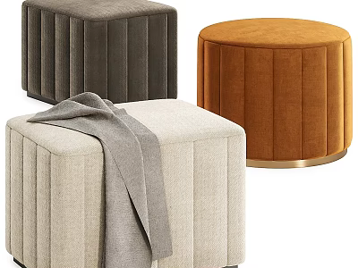 Stylish Velvet Ottoman Footstools With Vertical Stripe Design And Throw Blanket 3d model