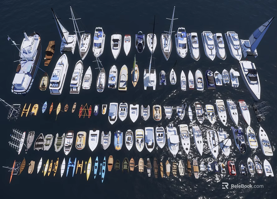Many Different Types of Ships and Boats Arranged on Calm Water Surface 3d model 