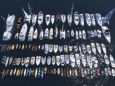 Many Different Types of Ships and Boats Arranged on Calm Water Surface 3d model