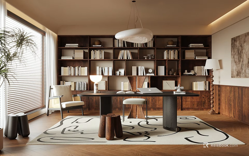 Study Room Interior With Wall of Bookshelves Desk Chair Pendant Lamp and Area Rug 3d model 
