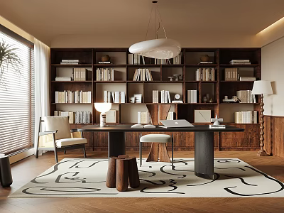 Study Room Interior With Wall of Bookshelves Desk Chair Pendant Lamp and Area Rug 3d model