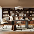 Study Room Interior With Wall of Bookshelves Desk Chair Pendant Lamp and Area Rug