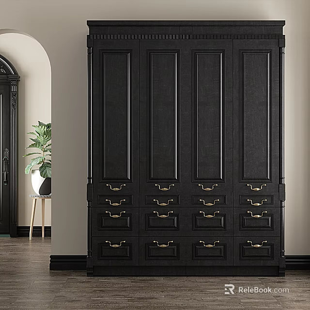 Elegant Black Wardrobe With Multiple Drawers Doors And Gold Handles 3d model 
