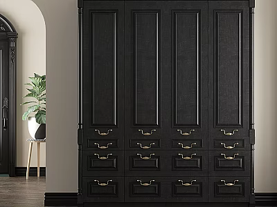 Elegant Black Wardrobe With Multiple Drawers Doors And Gold Handles 3d model