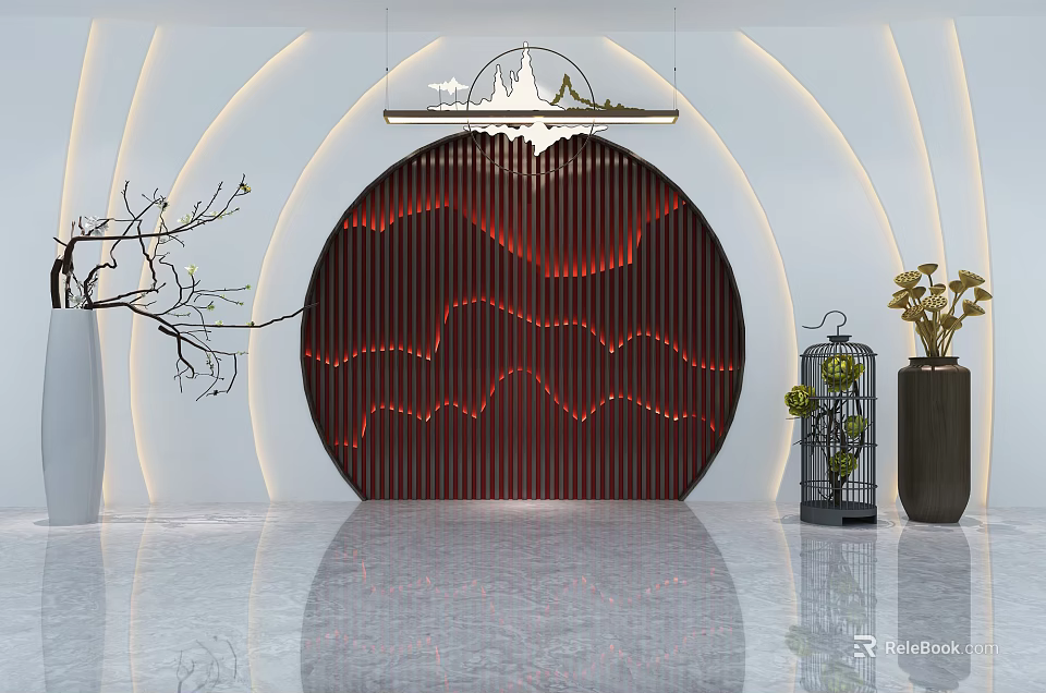 Modern Luxurious Circular Background Wall With Red Wavy Texture White Light Strips And Landscape Decoration 3d model 