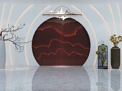 Modern Luxurious Circular Background Wall With Red Wavy Texture White Light Strips And Landscape Decoration 3d model