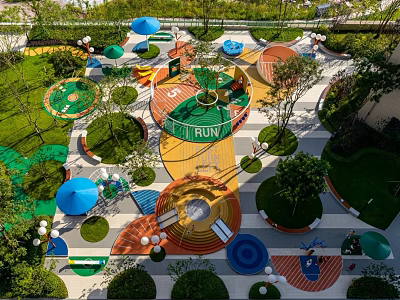 Colorful Children's Play Area With Interactive Play Structures And Green Plants 3d model