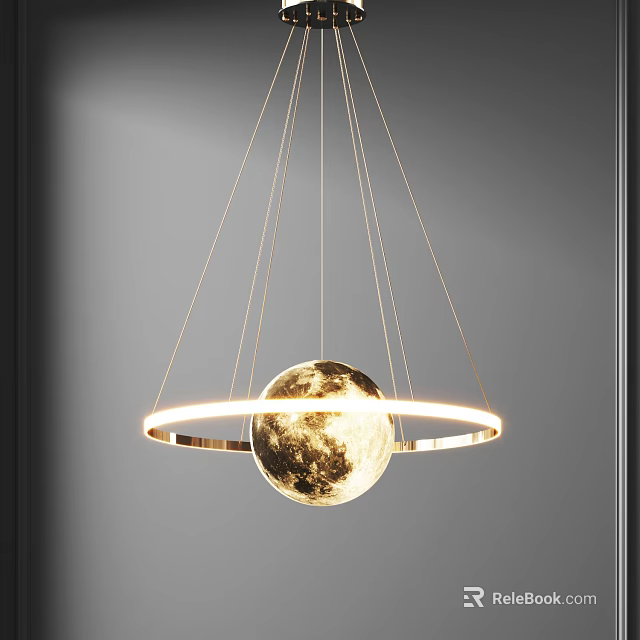Modern Decorative Chandelier With Moon Surface Sphere And Golden Ring Structure Hanging 3d model 
