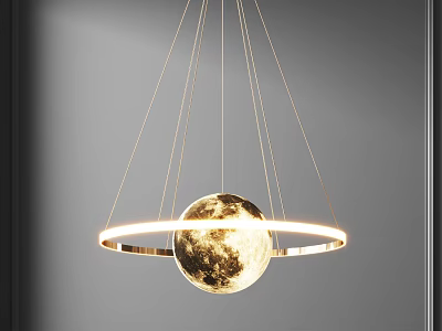 Modern Decorative Chandelier With Moon Surface Sphere And Golden Ring Structure Hanging 3d model