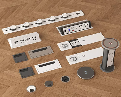 Modern Switch Panels With Sockets Control Buttons And Various Designs On Wooden Floor 3d model