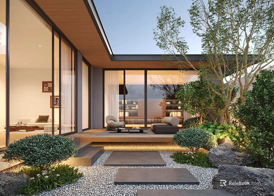 Modern Courtyard Garden With Glass Doors Stone Steps Patio Seating Greenery And Pebbles 3d model 