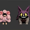 3D Animated Cartoon Characters With Pink Curly Hair Sunglasses Purple Body Pointed Ears Yellow Eyes