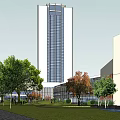 Modern High Rise Office Building With Glass Curtain Wall And Landscaped Gardens