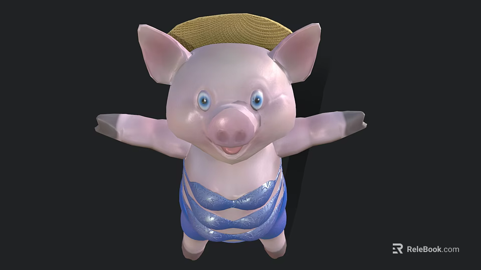 Cute Pink Pig Wearing Straw Hat And Blue Outfit With Open Arms 3d model 