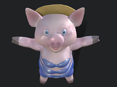 Cute Pink Pig Wearing Straw Hat And Blue Outfit With Open Arms 3d model