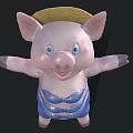 Cute Pink Pig Wearing Straw Hat And Blue Outfit With Open Arms