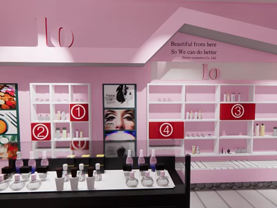 Beautiful Pink Cosmetics Store With Display Shelves And Numbered Labels 3d model