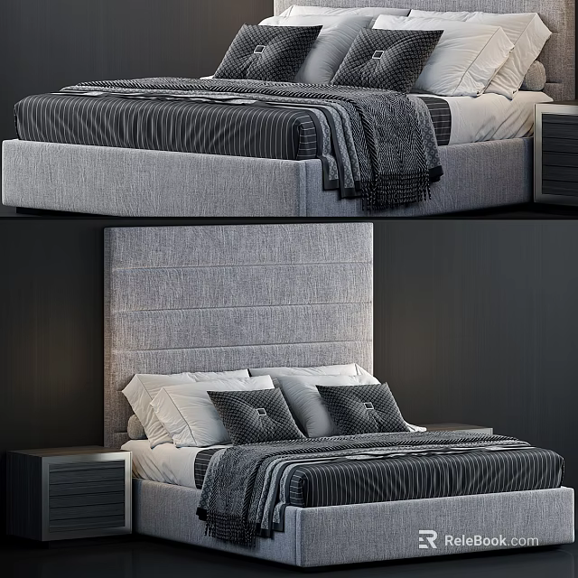 Modern Double Bed With Gray Upholstered Headboard Striped Sheets And Nightstand 3d model