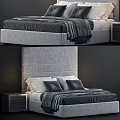 Modern Double Bed With Gray Upholstered Headboard Striped Sheets And Nightstand 3d model