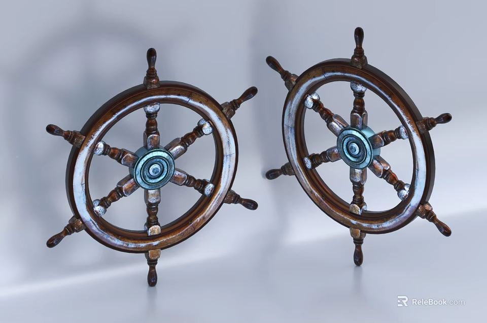 Decorative Ornament Set Featuring Two Vintage Wooden Ship Steering Wheels for Home Decor 3d model 