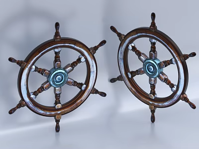 Decorative Ornament Set Featuring Two Vintage Wooden Ship Steering Wheels for Home Decor 3d model