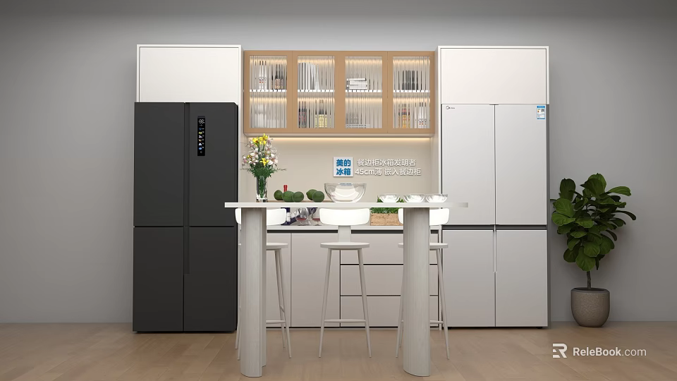 Live Stream of Modern Open Kitchen with Island Counter Refrigerator and Cabinets 3d model 