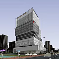 Modern Global Office Tower With Glass Facade Evening Lights Urban Street Pedestrians Trees