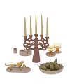 Elegant Tea Set Featuring Tree Shaped Candelabra Pear Filled Plate and Golden Lion Figurine