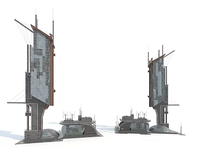 Sci Fi Cartoon Scene With Tall Futuristic Tower Structures And Metal Platforms 3d model