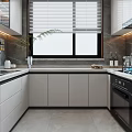 Modern Kitchen Interior With White Cabinets Gray Countertops And Window Blinds