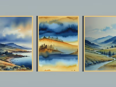 Three Watercolor Landscape Paintings with Blue Yellow Sky Mountains Lakes and Grasslands 3d model