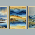 Three Watercolor Landscape Paintings with Blue Yellow Sky Mountains Lakes and Grasslands