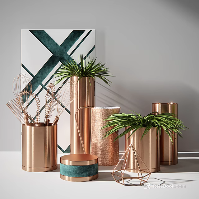 Modern Copper Vases With Green Leafy Plants And Geometric Wall Art Decor 3d model 