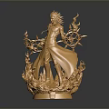 Golden Woman Sculpture With Intricate Flame Like Decorations And Shiny Base