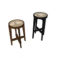 Two Stylish Bar Stools with Black Metal and Wooden Frames and Unique Seat Tops
