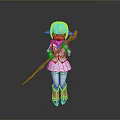 3D Cartoon Character With Blonde Hair Elf Ears Green White Outfit And Pink Staff