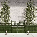 Green Bamboo Fence With Lattice Gate And Tall Bamboo Plants Outdoor View