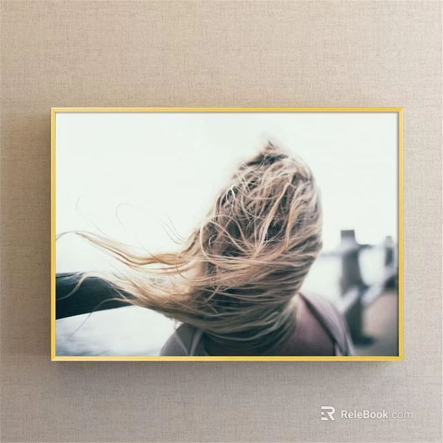 Portrait Painting of Woman From Behind With Blonde Hair Blowing in Wind and Wooden Railing 3d model 